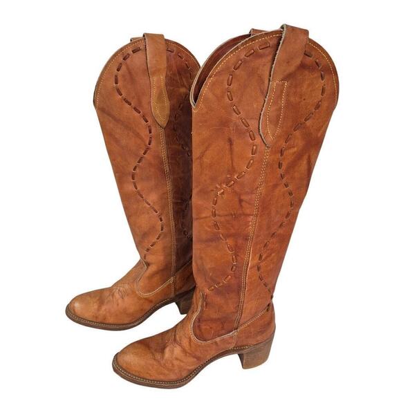 Acme Vintage Brown/Tan Leather Cowgirl Boots Sz 4 1/2 Knee High Top Stitching - Picture 2 of 8